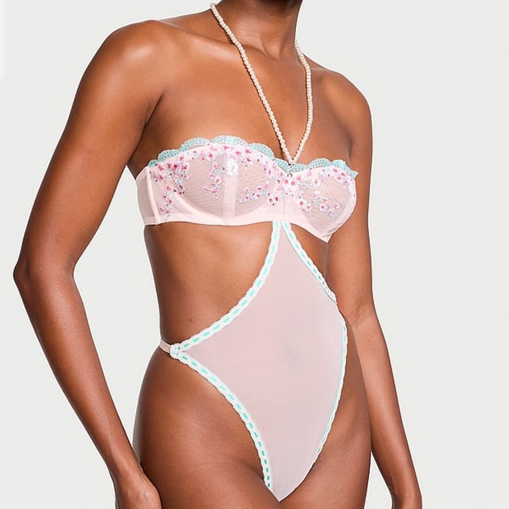 NWT Victoria’s Secret XL Pearl Cherry Blossom Bodysuit Halter Ribbon Mesh